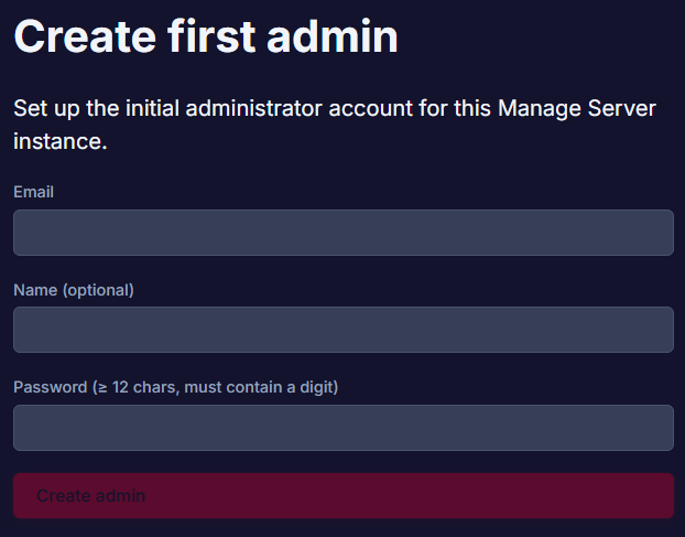 The Create first admin screen