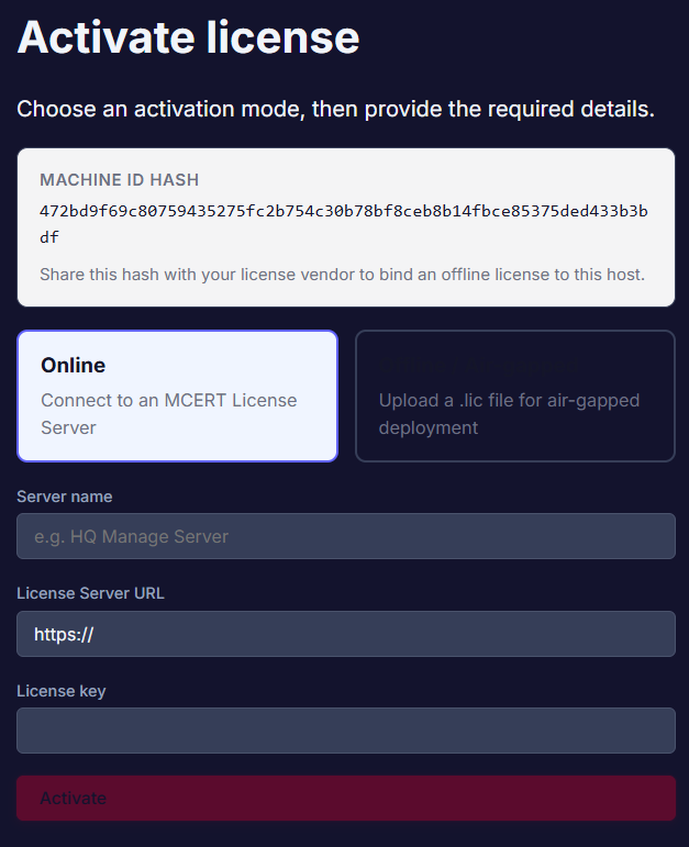 The Activate license screen in online mode