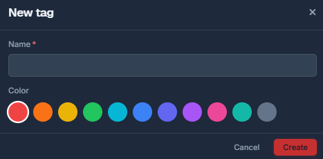 Creating a tag: a name field and 12 preset colour swatches