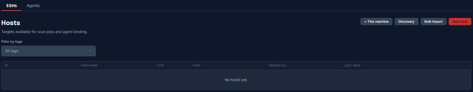 The Hosts list on the SSHs tab, with the four ways to add a host