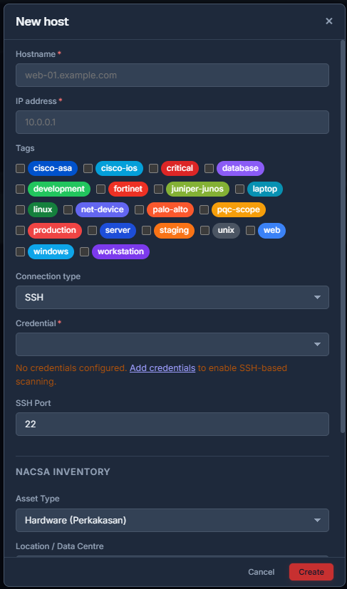 The New host form, including the connection test and NACSA inventory fields
