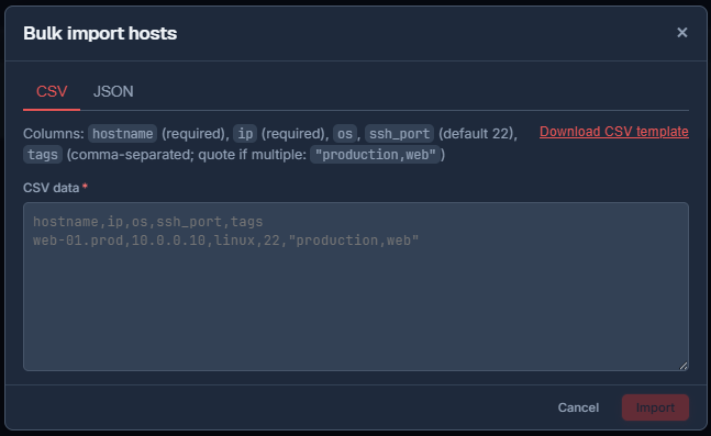 Bulk import, CSV tab with a live validation preview