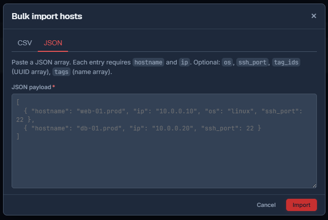 Bulk import, JSON tab