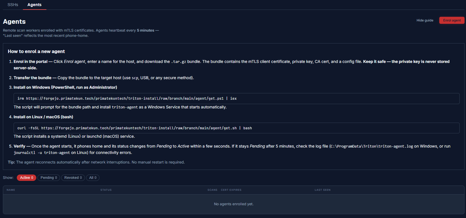 The Agents tab listing enrolled remote scan workers