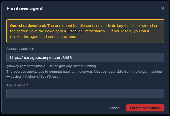 Enrol new agent, with gateway address and name fields