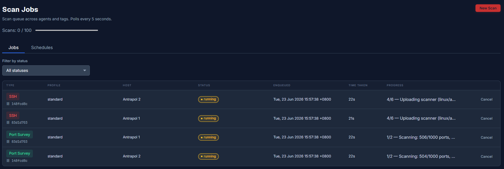 The Scan Jobs queue, Jobs tab