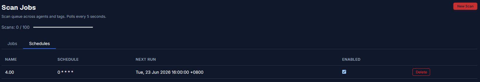 The Schedules tab, recurring scan definitions