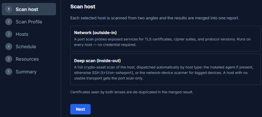 New Scan wizard, step 1: Scan host