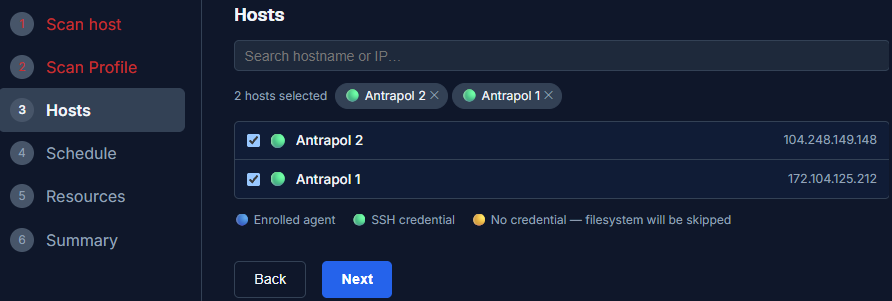 New Scan wizard, step 3: Hosts, with a readiness legend